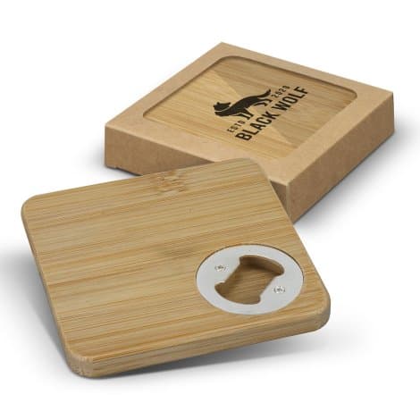 Bamboo Bottle Opener Coaster - Set of 2 - Square - Image 1