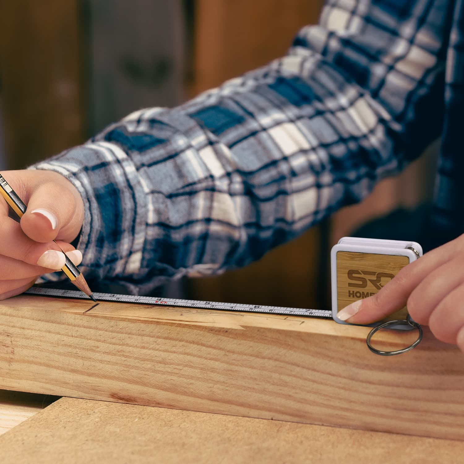 Bamboo Tape Measure Key Ring · Product view