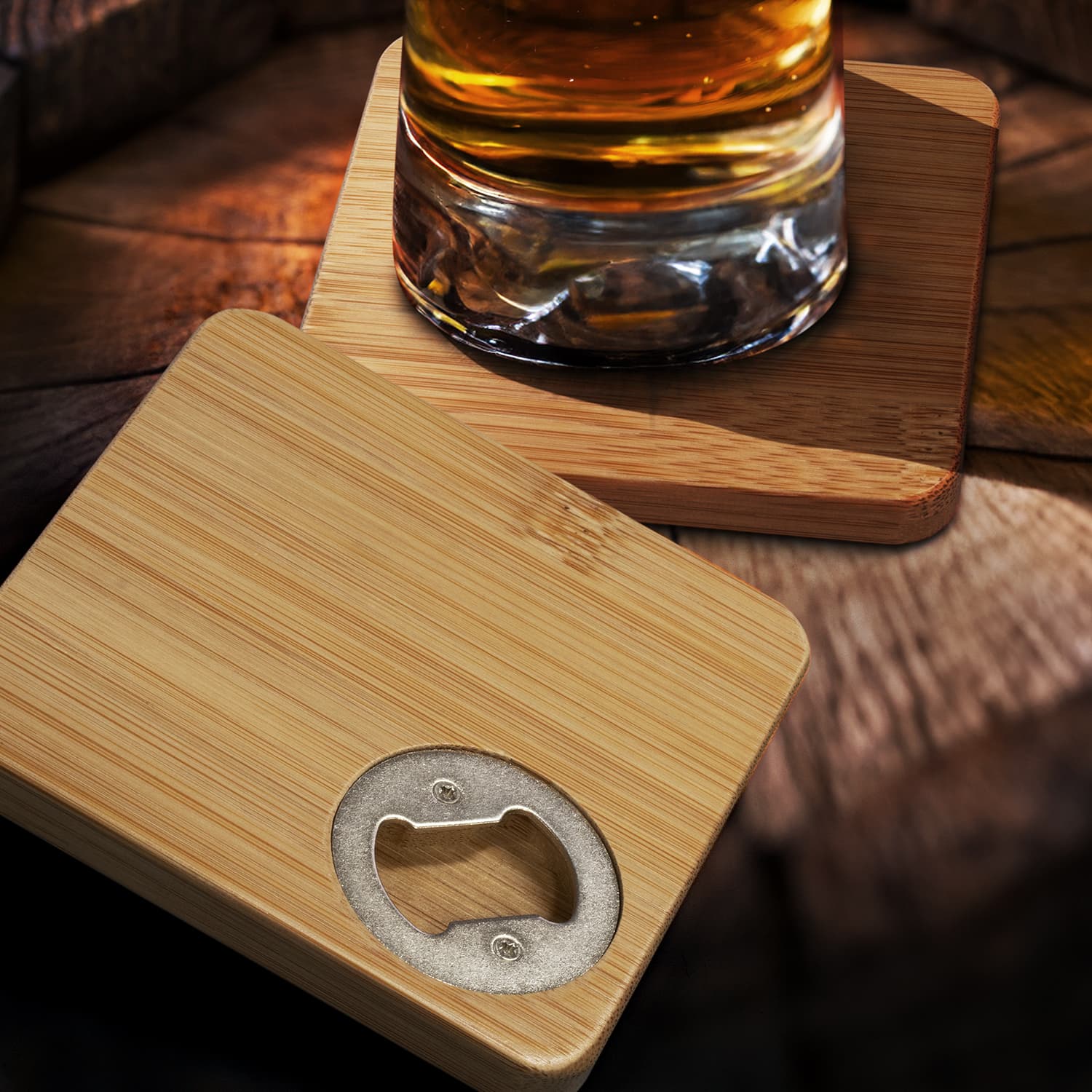 Bamboo Bottle Opener Coaster - Set of 2 - Square · Product view