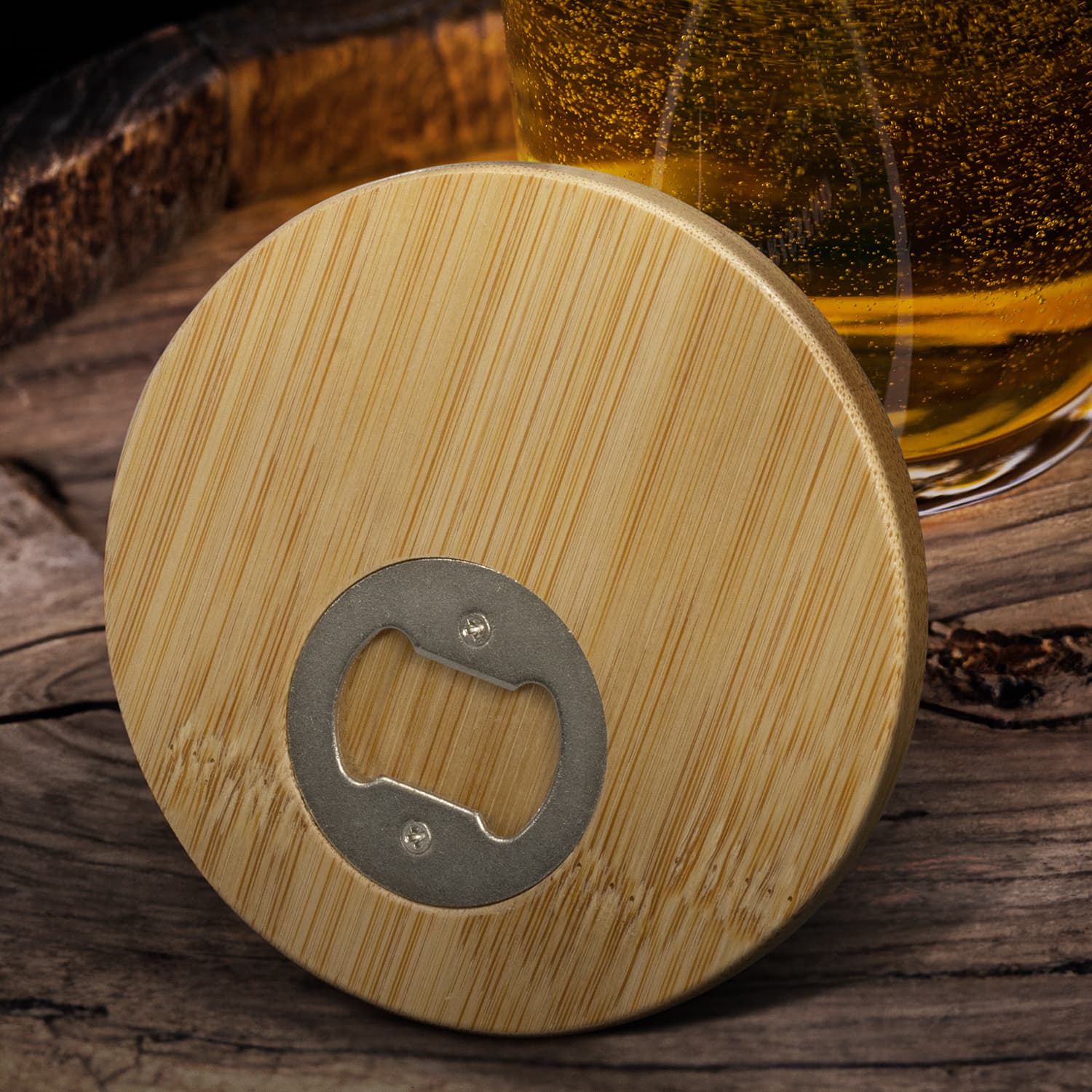 Bamboo Bottle Opener Coaster - Round · Product view