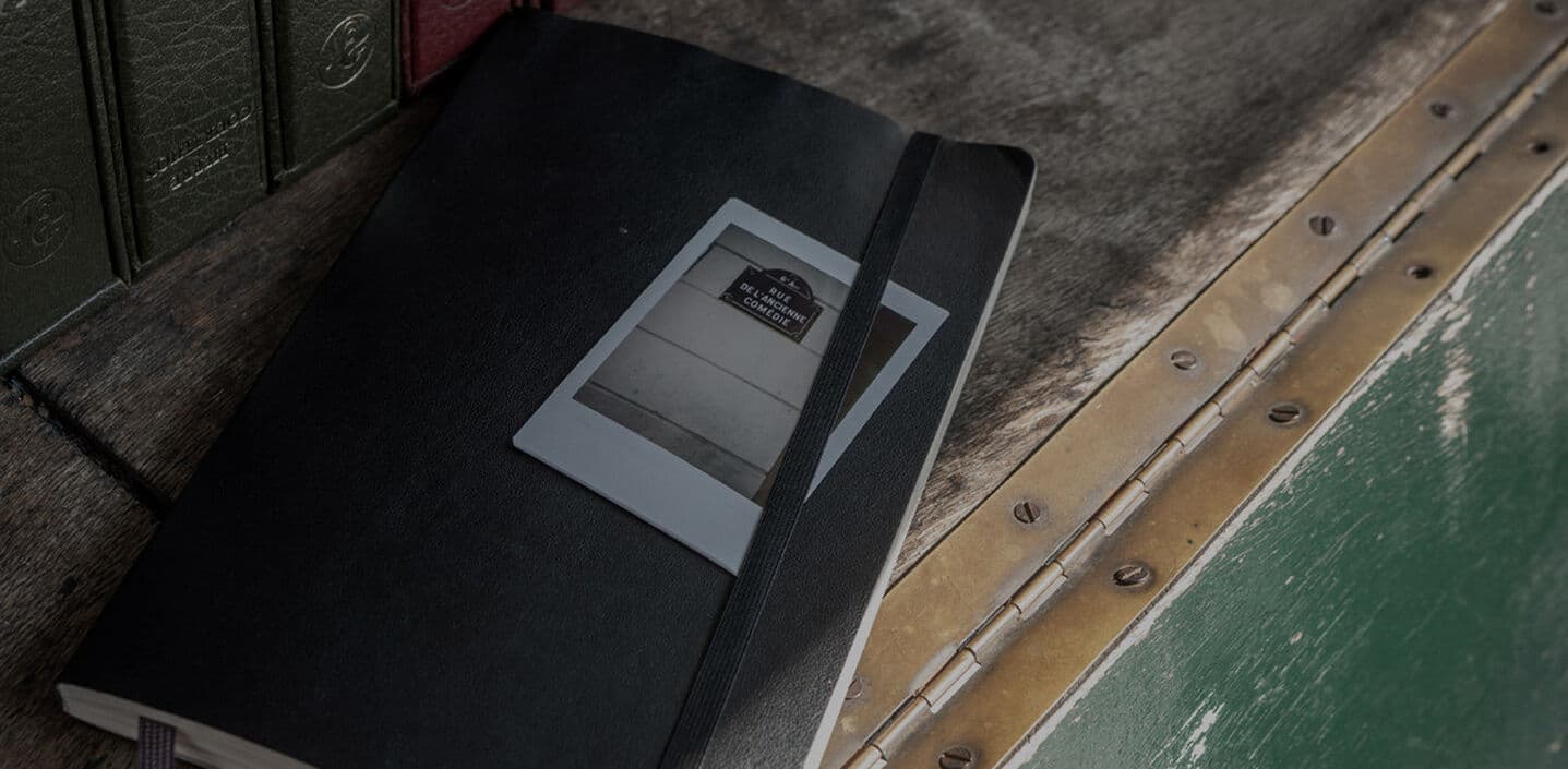 A black Moleskine notebook with a photograph tucked beneath its elastic closure, resting on a wooden desk