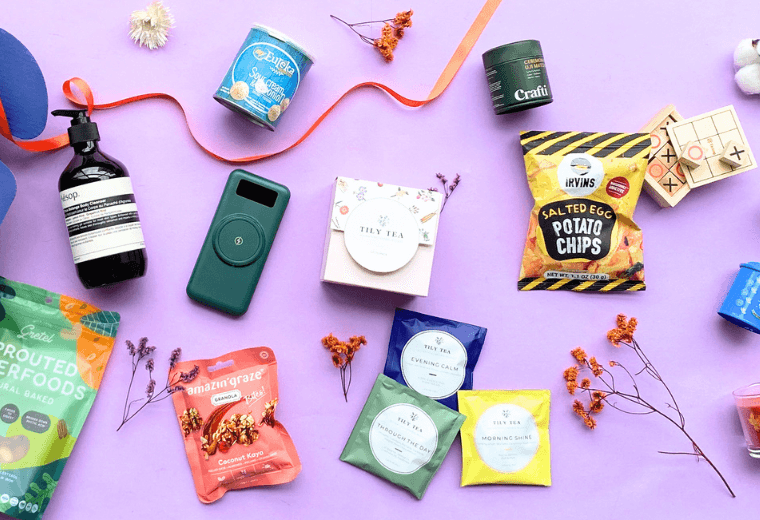 Curated products arranged for a custom corporate gift box