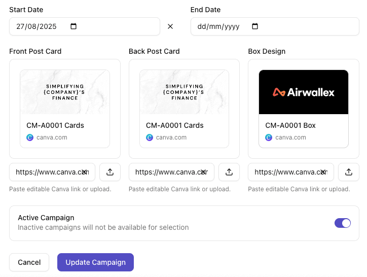 Airwallex campaign setup showing branded cards and box design in Smilie