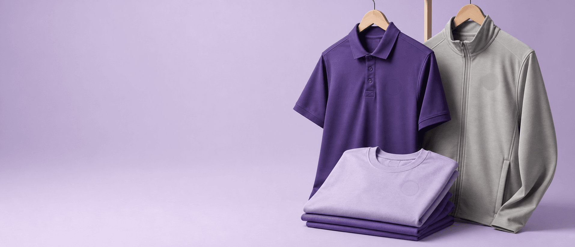 Custom polo, tee, and jacket merchandise arranged in a lilac studio