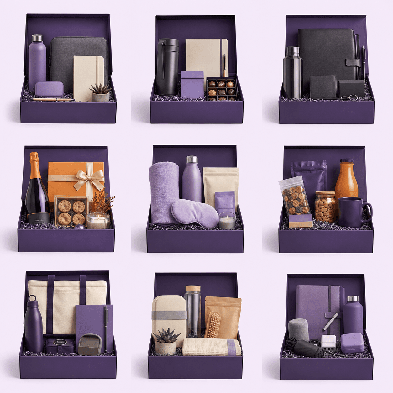 Onboarding gift box with a purple bottle, laptop sleeve, notebook and succulent
