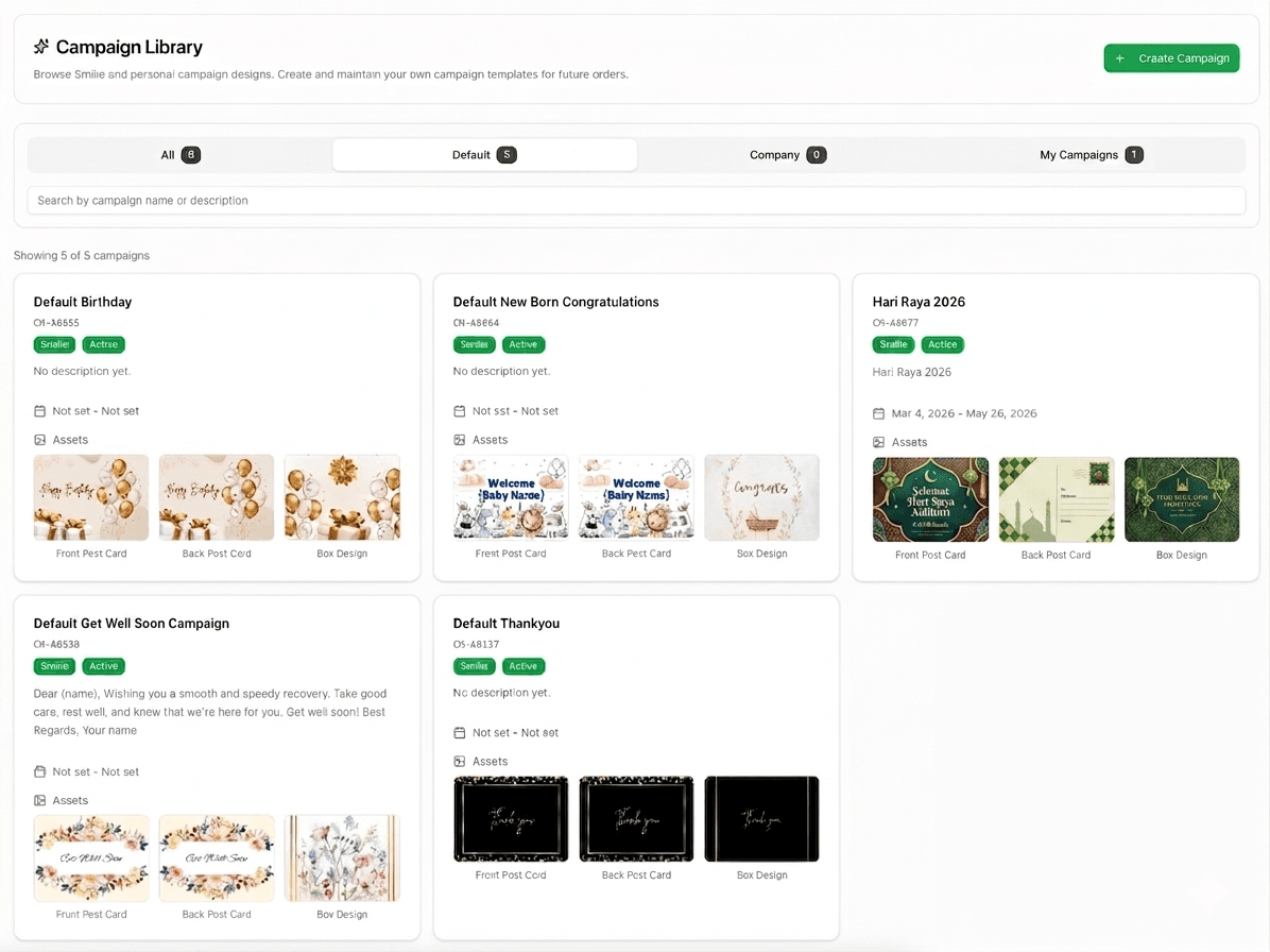 Campaign library dashboard for gift campaign management