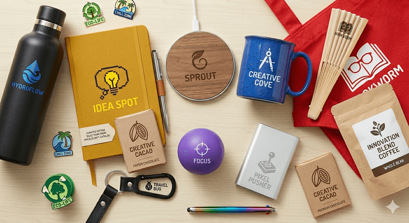 Branded event merchandise displayed at a booth