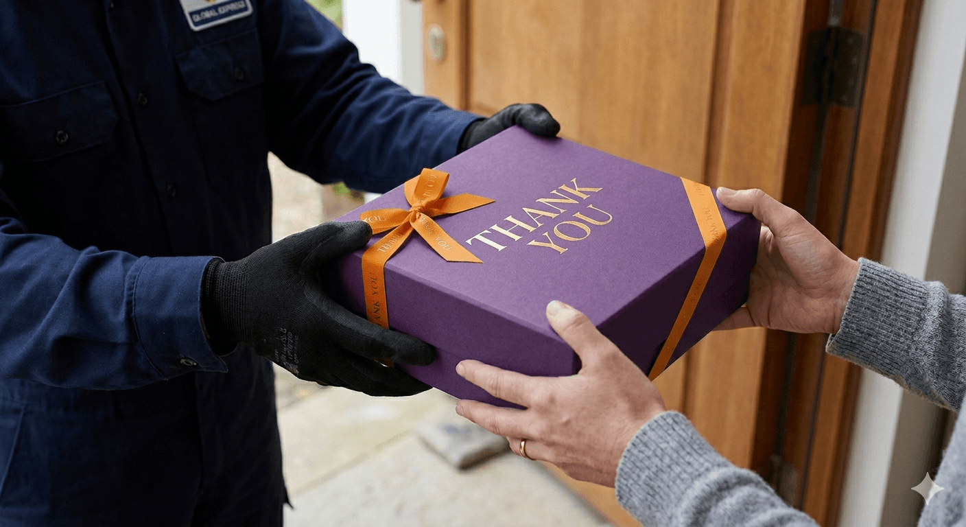 Branded thank-you gift on a desk after an event