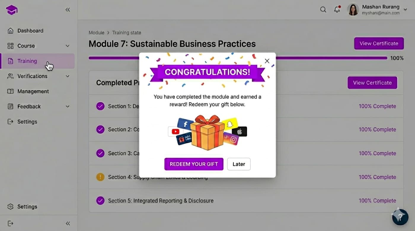 Employee completing training and receiving a gift notification