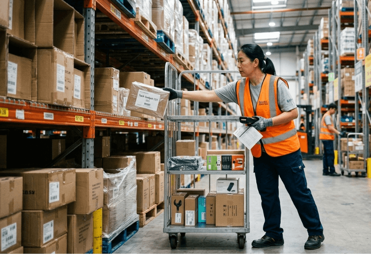 Warehouse operations team packing merchandise orders